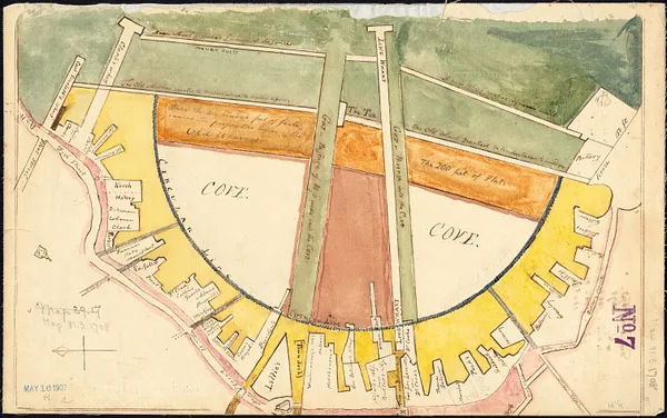 [Plan showing wharves of Boston from Batterymarch Street to Fleet Street; the "circular line" limit of wharves; and the Barricado, with gaps]