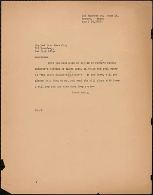 Gardner Jackson typed note (copy) to The Red Star News Co. [Boston Mass.], April 24, 1928