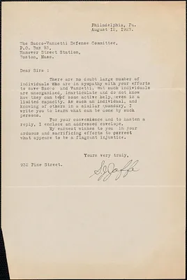 S. Jaffe typed letter signed to Sacco-Vanzetti Defense Committee, Philadelphia, Pa., August 12, 1927