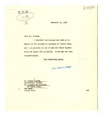 Correspondence Between Ramon Valdes and President Harry S. Truman