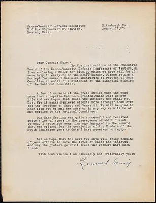 Leonard Craig (Sacco-Vanzetti Defense Committee of Western Pennsylvania) typed letter signed to Joseph Moro (Sacco-Vanzetti Defense Committee), Pittsburgh, Pa., August 11, 1927