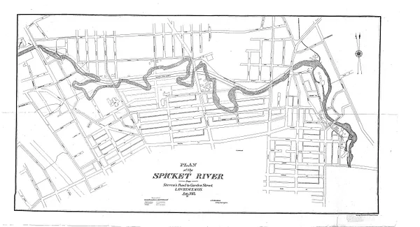Map of the Spicket Valley showing improvements in the river channel and the line of the main sewer and branches Lawrence, Mass.