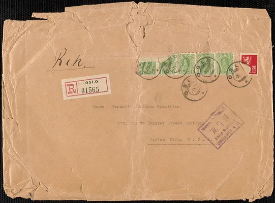 Försvarskomtien for Sacco-Vanzetti envelope addressed to Sacco-Vanzetti Defense Committee, Oslo, Norway, November 19, 1928