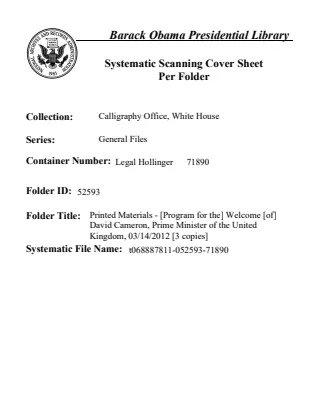 Printed Materials - [Program for the] Welcome [of] David Cameron, Prime Minister of the United Kingdom, 03/14/2012