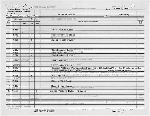 President's Daily Diary Entry, April 6, 1968
