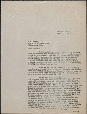 Mary Donovan (Sacco-Vanzetti Defense Committee) typed letter (copy) to R. J. Zisch, Boston, Mass., September 7, 1927