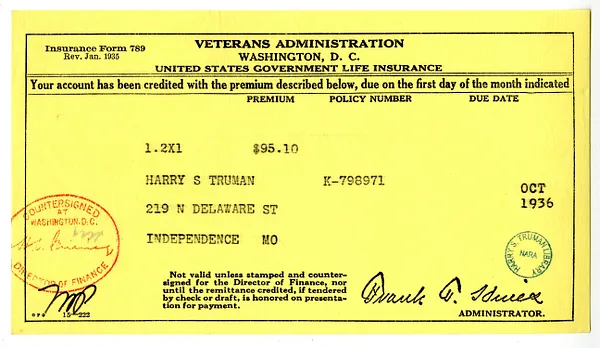 Insurance Premium Notice for Harry S. Truman, United States Veterans Administration