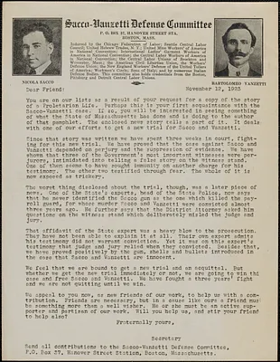 Sacco-Vanzetti Defense Committee typed letter (circular), Boston, Mass., November 12, 1923
