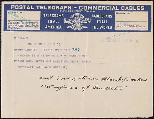 International Labor Defense telegram to Sacco-Vanzetti Defense Committee, Chicago, Ill., May 13, 1927