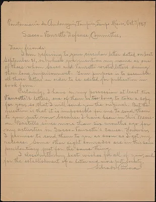 Librado Rivera autograph letter signed to Sacco-Vanzetti Defense Committee, Tamps, Mexico, October 7, 1927