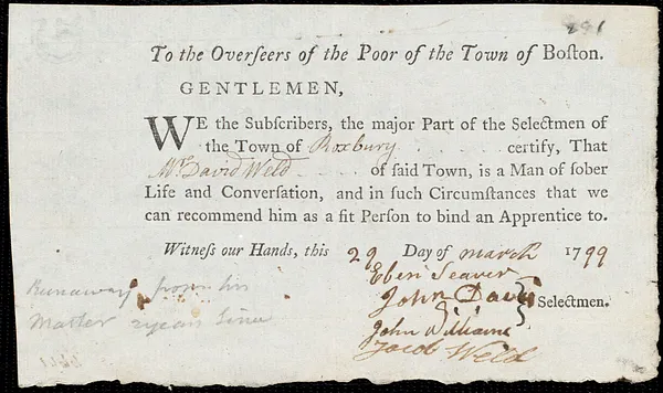 Joseph Ramsdale indentured to apprentice with David Weld of Roxbury, 1 April 1799