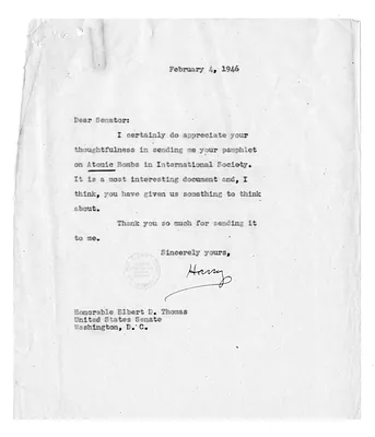 Correspondence Between President Harry S. Truman and Senator Elbert Thomas with Attachment