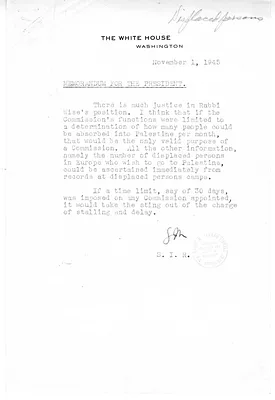 Memorandum from Samuel Rosenman to President Harry S. Truman, with Attached Telegram from Rabbi Stephen Wise to President Harry S. Truman