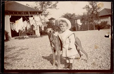 Small boy with greyhound; house with laundry hanging in background