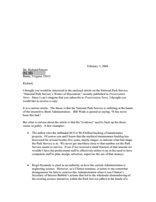 Letter to Richard Powers From Dr. Dr. Robert J. Kapsch Providing Copy of Article, "National Park Service's Winter of Discontent," February 3, 2004