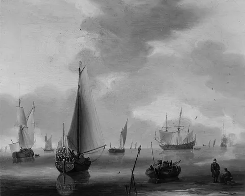 Military, pleasure, and work boats in a calm sea