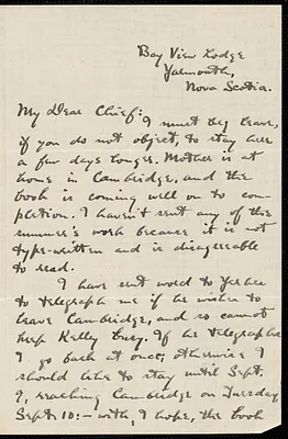 Holt, Edwin B. (Edwin Bissell), 1873-1946 autograph letter signed to Hugo Münsterberg, Yarmouth, N.S., 3 September 1907