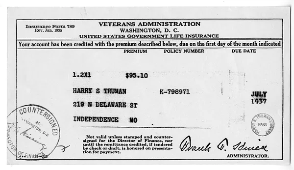 Insurance Premium Notice for Harry S. Truman, United States Veterans Administration
