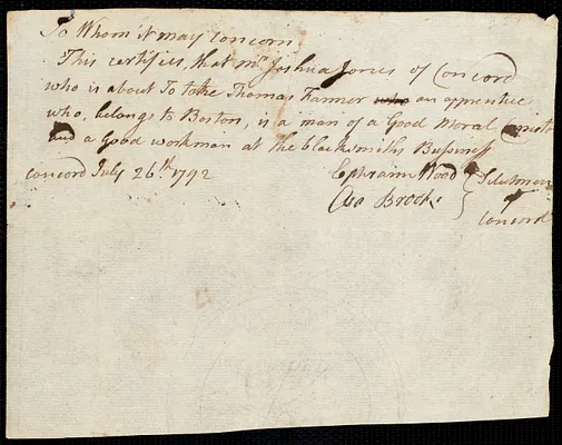 Thomas Farmer indentured to apprentice with Joshua Jones of Concord, 15 October 1792