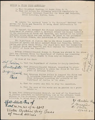 [Citizens National Committee for Sacco and Vanzetti] typed document (copy), [July-August 1927]: Notice to trade union officials