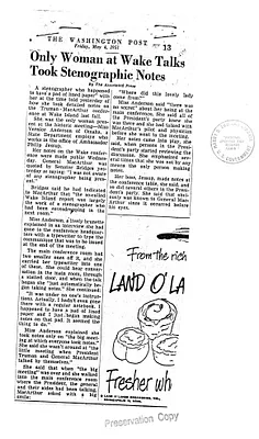 Newspaper Clipping, Washington Post, "Only Woman at Wake Talks Took Stenographic Notes"
