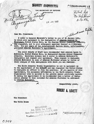 Letter from Secretary of Defense Robert Lovett to President Harry S. Truman with Related Material