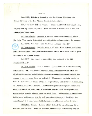 Transcript of Lansing Lamont Interview with Dr. Raemer Schreiber, Deputy Director of the Los Alamos Laboratory (Tape IX)