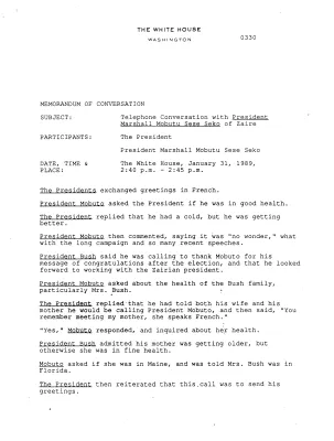 Telephone Conversation with President Marshall Mobutu Sese Seko of Zaire, January 31, 1989