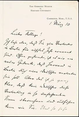Francke, Kuno, 1855-1930 autograph letter signed to Hugo Münsterberg, Cambridge, Mass., 1 March 1910