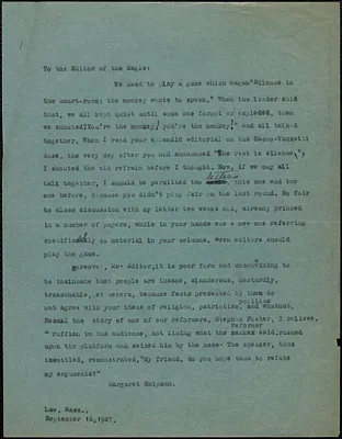 Margaret Shipman typed letter (copy) to Editor, The Eagle, Lee, Mass., September 16, 1927