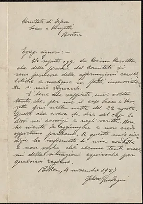 Felice Guadagni autograph letter signed, in Italian, to Sacco-Vanzetti Defense Committee, Boston, Mass., November 4, 1927