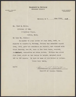 Sacco-Vanzetti Case Records, 1920-1928. Defense Papers. Correspondence to Moore from Elliott, Daniel L., June 20, 1922. Box 10, Folder 61, Harvard Law School Library, Historical & Special Collections