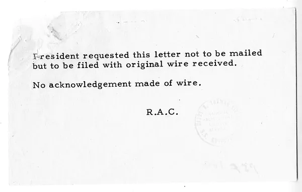 Telegram from Congressman Emanuel Celler to President Harry S. Truman, with Unsent Reply and Related Note