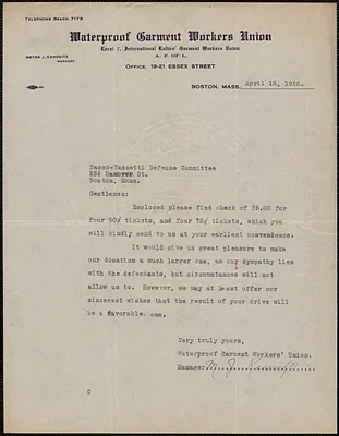 Meyer J. Kanovitz (Waterproof Garment Workers Union) typed letter signed to Sacco-Vanzetti Defense Committee, Boston, Mass., April 15, 1925