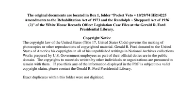 Pocket Veto - 1974/10/29 HR14225 Amendments to the Rehabilitation Act of 1973 and the Randolph - Sheppard Act of 1936 (2)