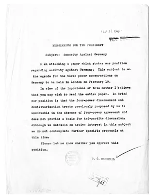 Memorandum from Secretary of State George C. Marshall to President Harry S. Truman