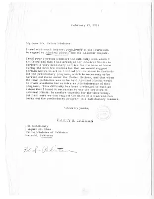 Letter from President Harry S. Truman to Liaquat Ali Khan