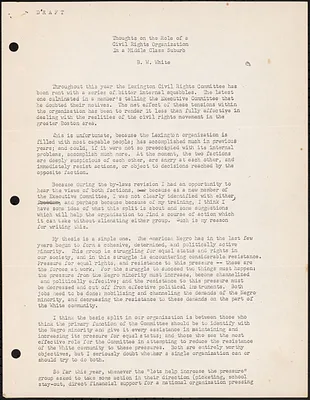 Draft of B.W. White’s paper, “Thoughts on the Role of a Civil Rights Organization In a Middle Class Suburb”