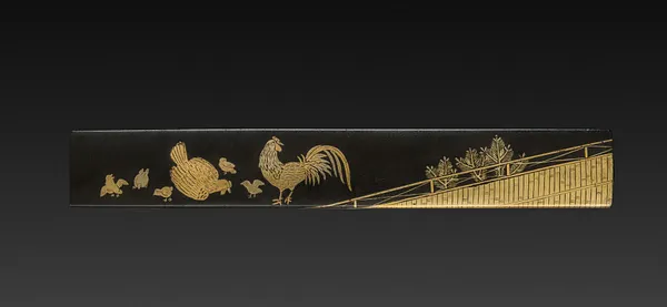 Knife Handle (Kozuka) with Family of Chickens