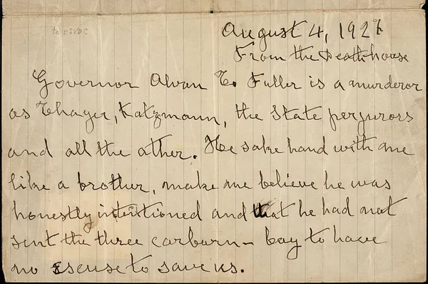 Bartolomeo Vanzetti autographed letter signed to the Sacco-Vanzetti Defense Committee, Death House [Charlestown], 4 August 1927