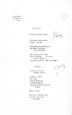 White House Luncheon and Dinner Menu