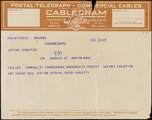 Italian Community in Johannesburg telegram to Sacco-Vanzetti Defense Committee, Johannesburg, South Africa, August 22, 1927