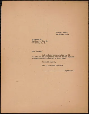 Sacco-Vanzetti Defense Committee typed letter (copy), in Italian, to Carlo Tresca (Il Martello), Boston, Mass., March 11, 1925
