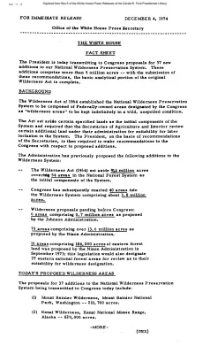Fact Sheet for President's Proposals for Additions to National Wilderness Preservation System