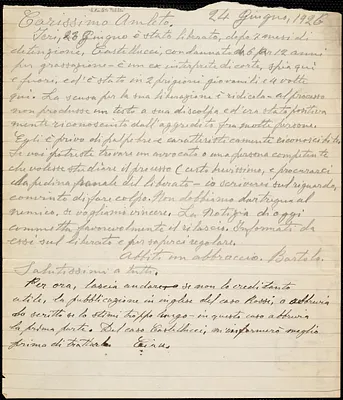 Bartolomeo Vanzetti autographed letter signed to Amleto [Fabbri], [Charlestown], 24 June 1926