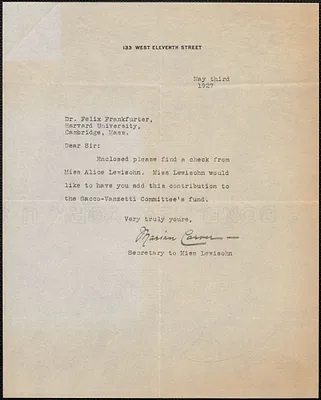 Mariam Carver typed note signed to Felix Frankfurter, [New York, N. Y.], May 3, 1927