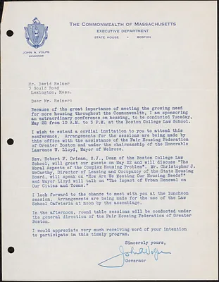 Invitation from Gov. John A. Volpe to David Reiner to attend conference on housing