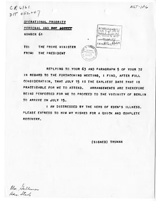 Telegram from President Harry S. Truman to Prime Minister Winston Churchill