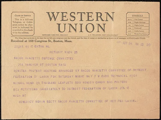 Benedict Robin (Sacco-Vanzetti Committee of Detroit Federation of Labor) telegram to Sacco-Vanzetti Defense Committee, Detroit, Mich., April 26, 1927