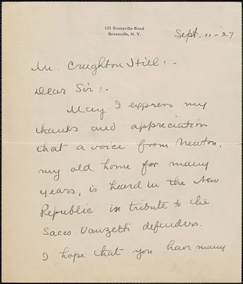 Abby B. Bates autograph note signed to Creighton [J.] Hill, Bronxville, N. Y., September 11, 1927